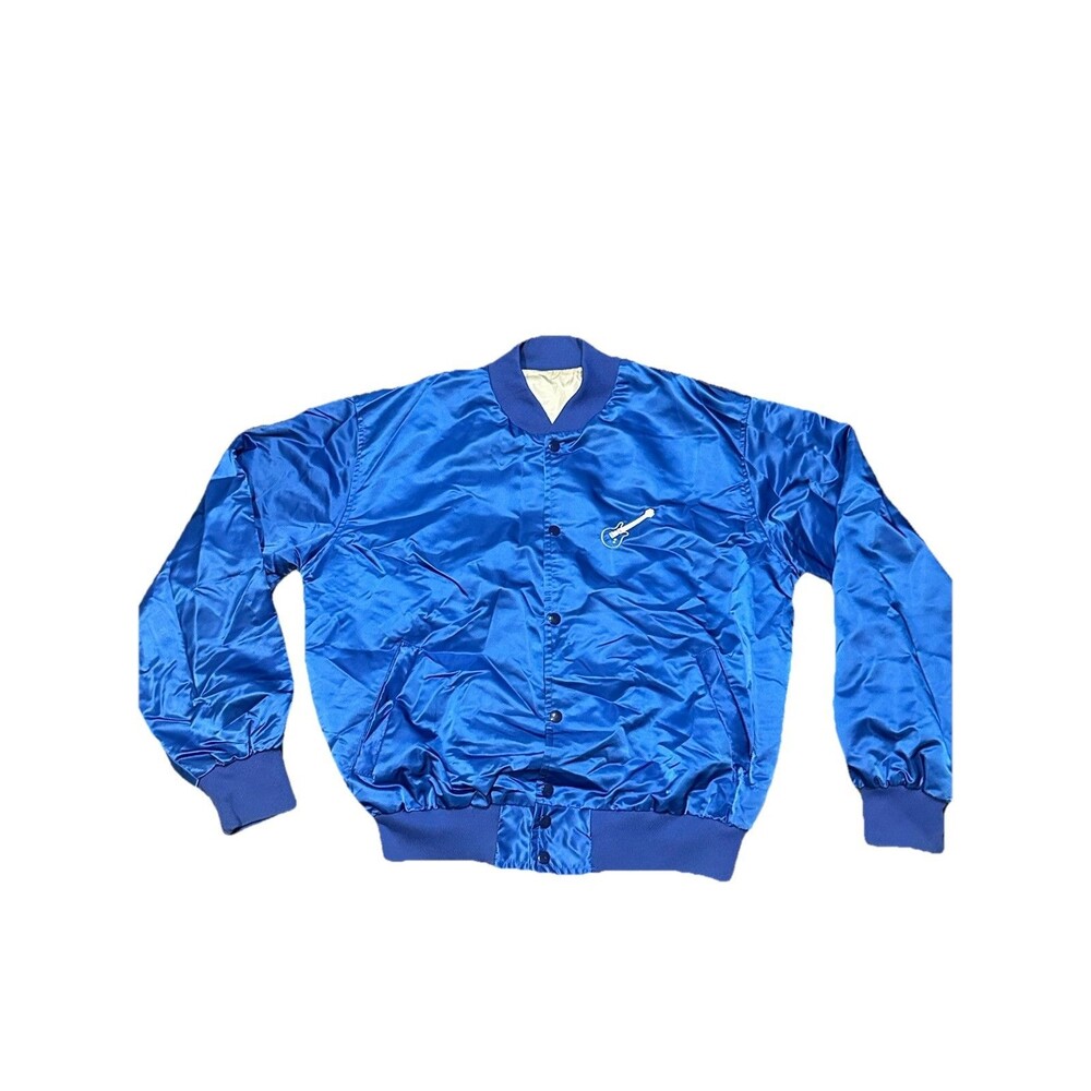 Vintage 80s‎ Satin Bomber Jacket Guitar Embroidery Blue Snap Buttons